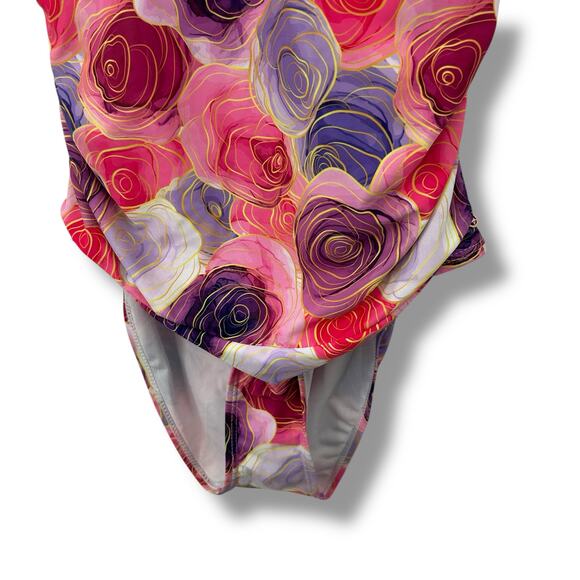NWT Joan Vass Pink Rose Floral One Piece Swimsuit Size Medium Halter Ruched NEW - Picture 4 of 8